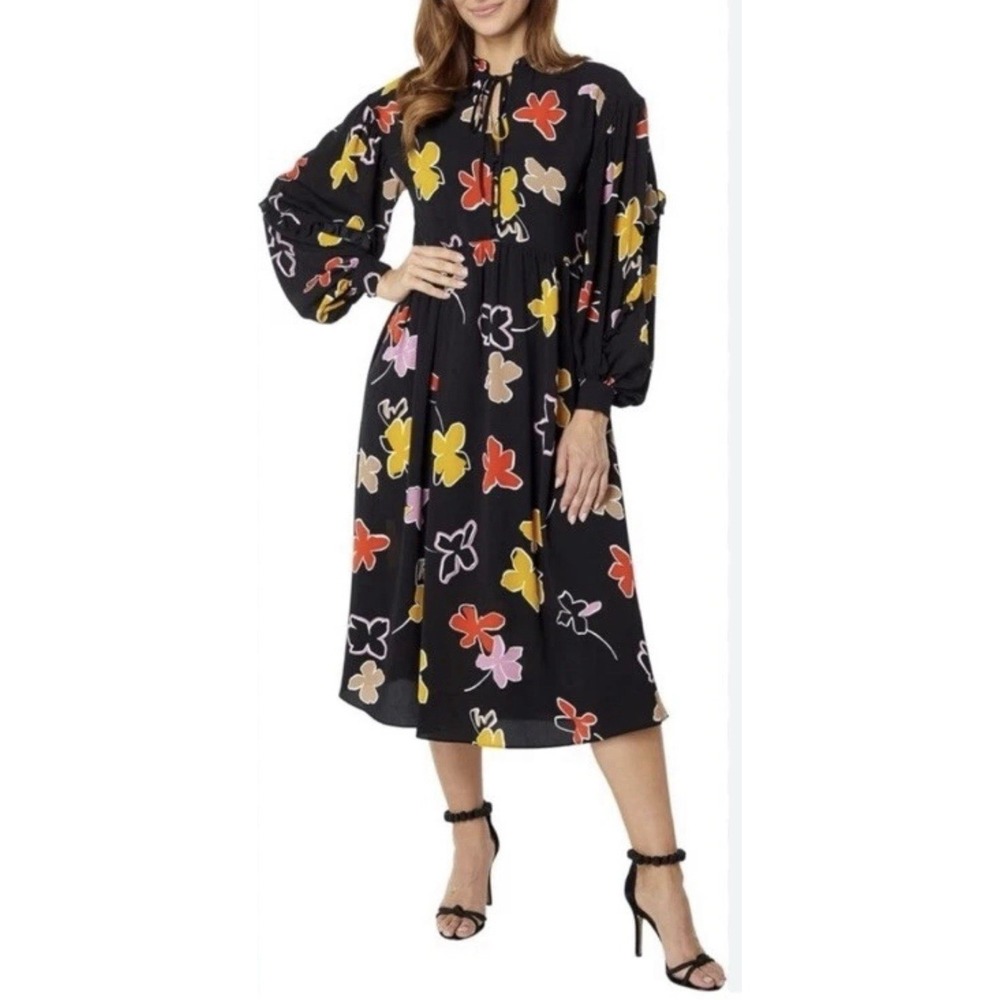 Black Floral Midi Dress with Multicolor Blooms